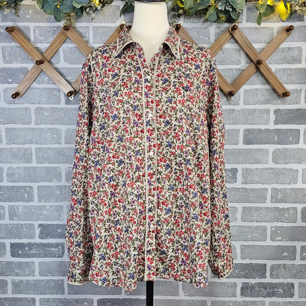 Lauren Ralph Lauren 2X Floral Button Front Blouse Cotton Lace Trim Plus Size - Picture 2 of 6